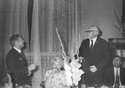 60-летие М.Г.Слинько. Поздравление М.А.Лаврентьева. Слева направо: М.Г. Слинько, З.М.Слинько, М.А.Лаврентьев, Г.И.Марчук