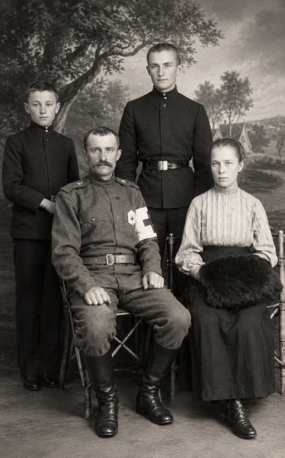 Родители М.Г. Слинько с сыновьями. Слева направо (сидят) Гаврила Артемьевич Слинько (1877-1949) и Васса Гурьяновна Слинько (1882-1973); стоят Николай (1900-1964) и Аркадий (1898-1936). Москва, 1914 г.